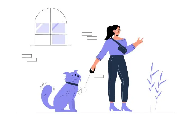Woman Walking with Her Dog Concept Flat Character Illustration